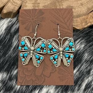 1990s TINA JONES Navajo Sterling & Sleeping Beauty Turquoise Butterfly Earrings